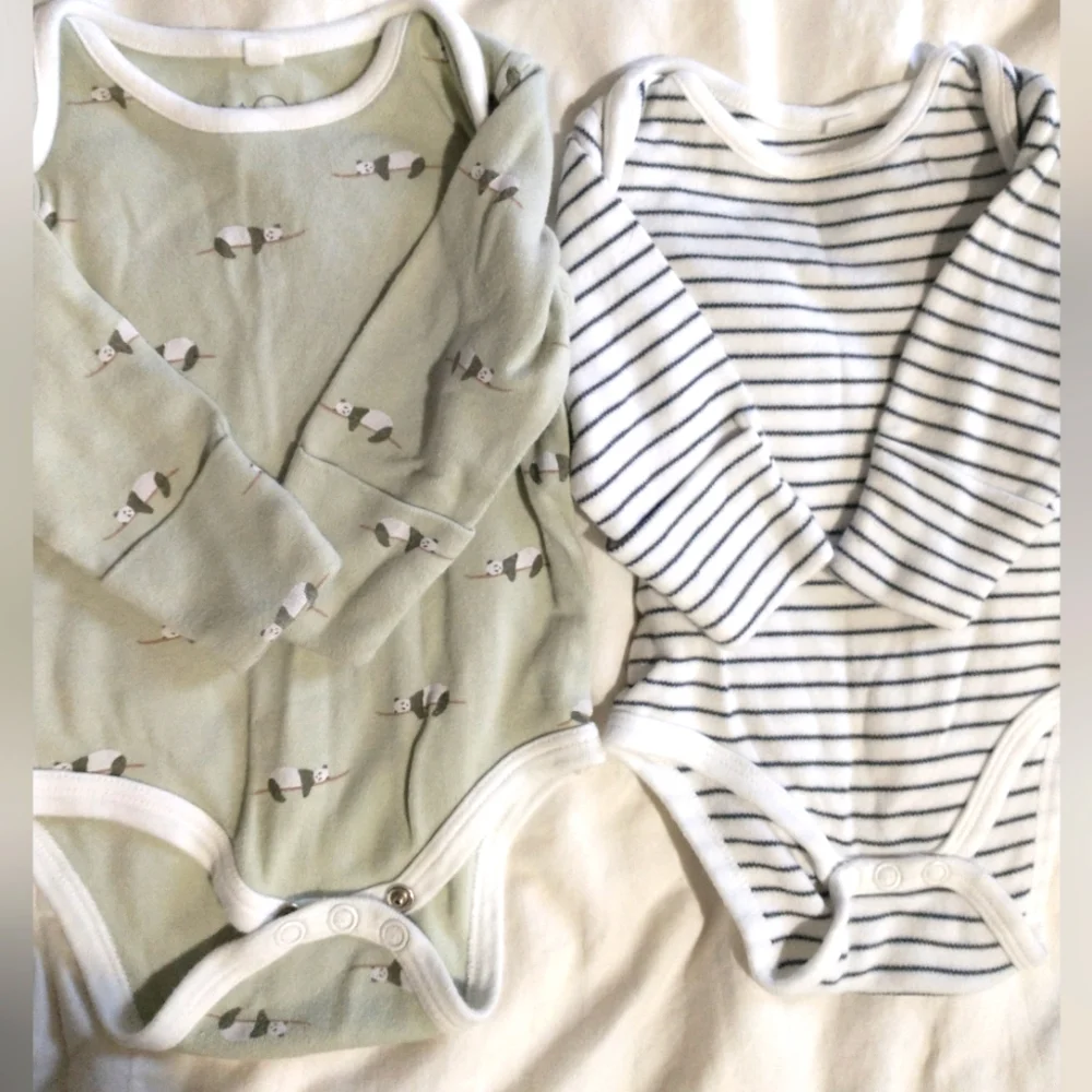 Baby Long-Sleeve Bodysuit Set - Sage Panda & Navy Stripe